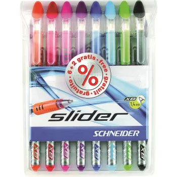 Schneider Slider Basic golyóstoll-készlet - 8 különböző szín, extra széles 1,4 mm hegy, Viscoglide technológia, ergonomikus gumírozott fogórész, rozsdamentes acél klipsz 151298