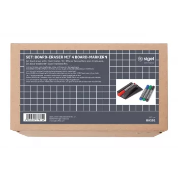 SIGEL BA151 Whiteboard-tartozékkészlet, 4 szárazon törölhető marker, mágneses radír, mágneses markertartó, tisztítóspray 50 ml, 10 tisztítókendő, fekete