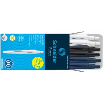 Schneider Reco Ballpoint Pen Set of 6, Blue Ink, Assorted Barrel Colours, Medium Tip 131886