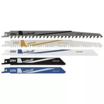 Wolfcraft 3599000 szablyafűrészlap-készlet, 5 részes, HCS és bimetal, 150/230 mm, 6/18 TPI, univerzális 1/2 inch szár
