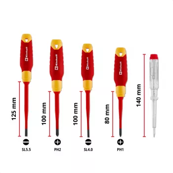 Einhell VDE villanyszerelő csavarhúzókészlet, 5 részes, SL 4,0/5,5, PH 1/2, feszültségmérő, 370541
