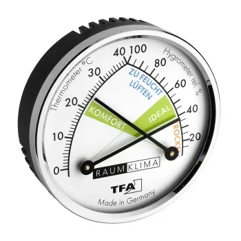 TFA Dostmann 452024 Thermo-Hygrometer, Analog, White/Silver, Wall-Mount or Table Stand, -15 to +55°C, 0-100% RH