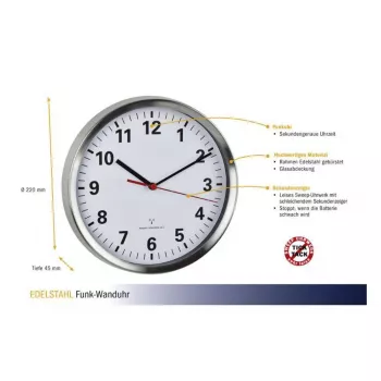 TFA Dostmann 60.3529.02 Radio-Controlled Wall Clock 220 mm Aluminium Silent Sweep