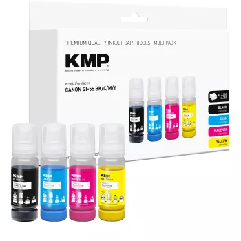 KMP utántöltő tinta készlet Canon GI-55BK/C/M/Y-hez, 4x70 ml kombinált csomag (fekete, cián, magenta, sárga) 1587,0005