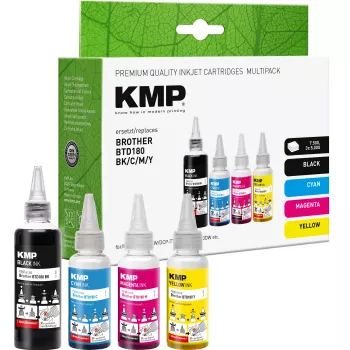 KMP PRINTTECHNIK utántöltő tinta készlet Brother BTD180BK/C/M/Y-hez – fekete 110ml, cián/magenta/sárga egyenként 50ml (kompatibilis) 1555,0005