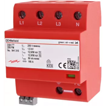 DEHN 941315 DSH TT 255 FM 1+2 típusú villámáram-levezető 3 fázisú TT/TN-S rendszerekhez