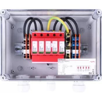 DEHN DCU 2 YPV 1100 2M 1S 2. típusú túlfeszültség-védőberendezés napelemes rendszerekhez, 2 MPPT, 1 string MPPT-nként, 1100 V DC, IP65 ház 900921