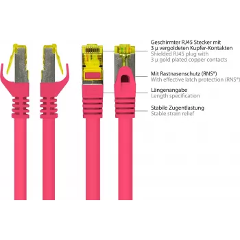 GoodConnections 8070R-400M Cat.7 S/FTP RJ45 patchkábel, PiMF, halogénmentes, 600 MHz, OFC, RNS reteszvédő, 40 m, magenta