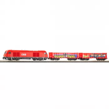 PIKO 57033 H0 gyerek kezdőkészlet ÖBB tehervonat Rh 2016 két nyitott Eaos kocsival