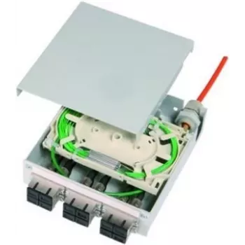 Telegärtner STX DIN sínre szerelhető optikai elosztó, 6x ST duplex többmódusú, 12x G50/125 OM2 pigtail, hegesztőkazetta (H82050F0001)
