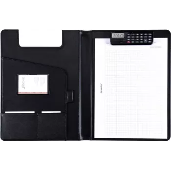 JÜSCHA Alassio Writing Portfolio BRESCIA, A4, Artificial Leather, Black, Clamping Mechanism with Integrated Calculator 31500