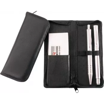 JÜSCHA Alassio Pen Case for 3 Writing Instruments, Leather, Black, with Credit Card Compartment (2603)