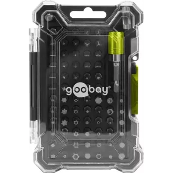 Goobay Tools 72 részes bittartó-készlet mágneses gyorscserés bittartóval, S2 acél bitek, 1/4 inch hatszögletű meghajtás, lapos, Phillips, Pozidriv, Torx, Security Torx, Hex, Security Hex, Square, Spanner, Tri-Wing, Torq-Set, 25 mm bitek 77843