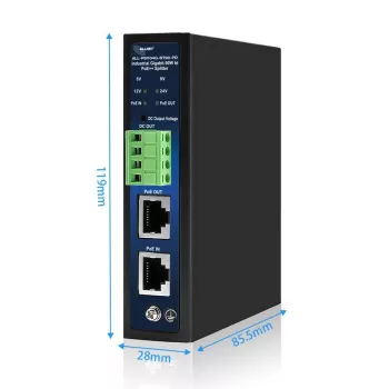 ALLNET ipari PoE splitter/extractor IEEE 802.3bt Type 4, 90W, 5V/9V/12V/24V választható kimenet, Gigabit Ethernet, DIN-sín/fali szerelés (ALL-PSI104G-BT90-PD)