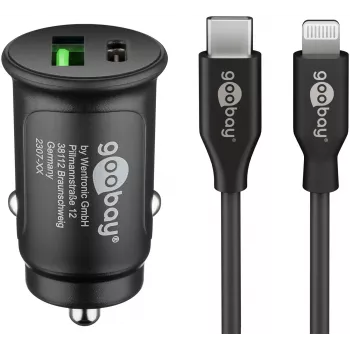 Goobay Dual-USB autós gyorstöltő-készlet Lightning 27 W - USB-C és USB-A autós töltő USB-C - Lightning kábellel 72166
