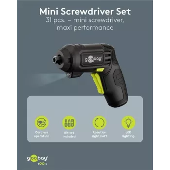 Goobay mini akkus csavarhúzó-készlet 31 darabos pisztolymarkolat 28 bittel és micro-USB töltési funkcióval (77818)