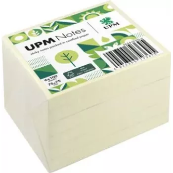 UPM Notes öntapadós jegyzet 5654-01PG-6, 75 x 75 mm, sárga, 100 lap tömbönként, 6 tömb