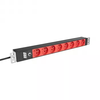 EFB ELEKTRONIK EK631CF.1V2 19 inch 1U rack PDU, 8 x CEE 7/5 (E típusú) piros aljzat, IEC C14 bemenet, 10A túlterhelésvédelem, fekete