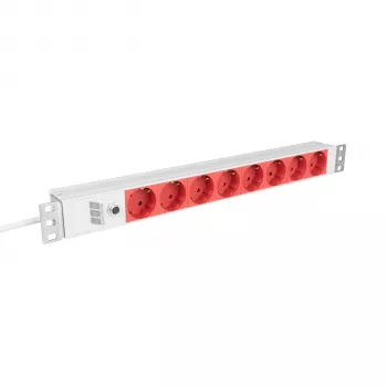 EFB Elektronik EK631CD.1GRV2 19 inch 1U rackmount elosztó, 8x CEE 7/3 piros aljzat, IEC C14 bemenet, 10A túlterhelés védelem, szürke