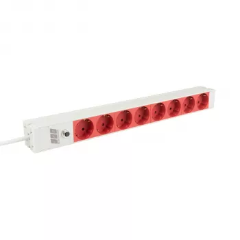 EFB Elektronik EK631CD.1GRV2 19 inch 1U rackmount elosztó, 8x CEE 7/3 piros aljzat, IEC C14 bemenet, 10A túlterhelés védelem, szürke