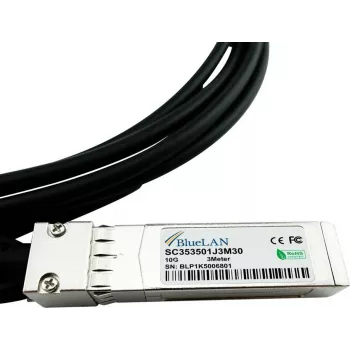 BlueLAN 10GBASE-CR passzív SFP+ Direct Attach kábel, 3 m, AWG30, Twinax réz, 10 Gbps, NVIDIA 980-9I68B-00J003 kompatibilis 980-9I68B-00J003-BL