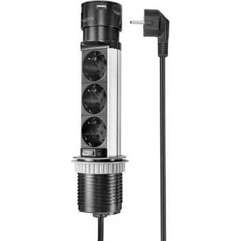SYGONIX SY-4997104 elosztótorony, 6 védőérintkezős aljzat, 2 USB-A csatlakozó, 1,5 m kábel, fekete/ezüst