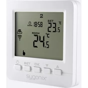 Sygonix rádiós helyiséghőmérséklet-szabályzó süllyesztett kivitelben heti programmal, 5-35°C, 868 MHz, 16A relé, fehér (SY-4500820)