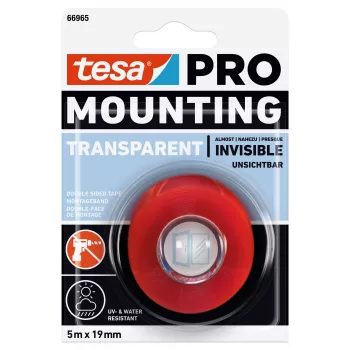 tesa Montage PRO átlátszó 66965-00001-00 kétoldalas akrilhab rögzítőszalag, 5 m x 19 mm, akár 10 kg/m tartás, UV- és nedvességálló, beltéri és kültéri használatra