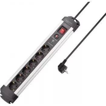 SYGONIX SY-4755612 túlfeszültség-védett elosztó, 6 Schuko aljzat, túláramvédelem, ezüst/fekete, 1,5 m kábel