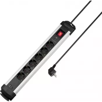 Sygonix SY-6807132 6-os túlfeszültség-védett elosztó, fekete/ezüst, 1,5m kábel