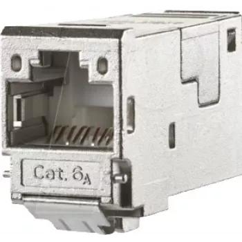 METZ CONNECT 130910-I Cat.6A árnyékolt RJ45 Keystone-modul, szerszám nélküli IDC, 90° kábelbevezetés, 10G, 500MHz, horganyöntés, ezüst 130910-I-90