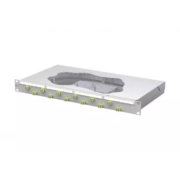 METZ CONNECT 12-portos LC duplex OM5 optikai szálas splice patch panel, 1U 19 inch rackbe szerelhető, 24 szál, 2m pigtail, szürke 1504587M12-F