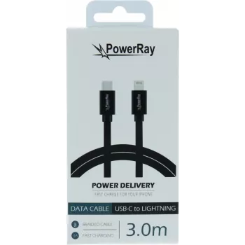 PowerRay USB-C - Lightning adat- és töltőkábel 3m fekete textil fonott MFi tanúsított PR-DCCL300TBK