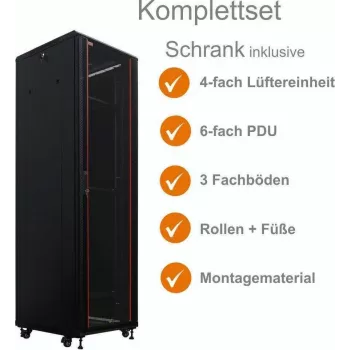 IT-BUDGET 19 inch hálózati szekrény SRK komplett készlet, 38U, 600x600 mm, elülső üvegajtó, hátsó acélajtó, 4 aktív ventilátor, PDU, polcok, előszerelt, fekete 99ITB19SRK3866GSM