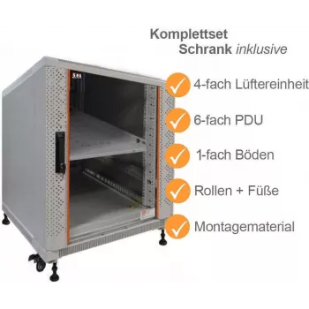 IT-BUDGET 19 inch Server Rack SRK Complete Set 12U 600x1000 mm Glass/Solid Door with 4 Active Fans, PDU, Shelves, Flatpack, Light Grey 90ITB19SRK12610GG