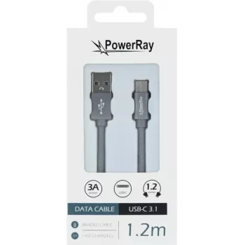 PowerRay adatkábel PR-DCUC120TGY USB-A–USB-C 1,2 m textilszürke fonott gyors töltés és 5 Gbps adatszinkronizálás