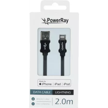 PowerRay PR-DCUL200TBK MFi-tanúsított USB-A–Lightning fonott kábel, 2 m, fekete