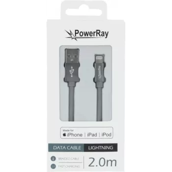 PowerRay PR-DCUL200TGY MFi-tanúsított USB-A–Lightning fonott kábel 2 m textilszürke