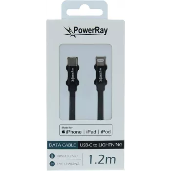 PowerRay USB-C–Lightning MFi fonott adat- és töltőkábel 1,2 m fekete PR-DCCL120TBK