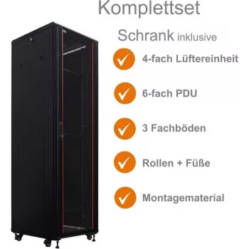 IT-BUDGET 19 inch szerver rack SRK komplett készlet 42U 600x600mm üveg-/acélajtó, 4 aktív ventilátor, PDU, polcok, Flatpack, fekete 90ITB19SRK4266GS