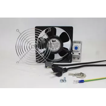 IT-BUDGET komplett készlet IT-szekrényventilátor termosztáttal - 160 m³/h légáram - 230 V - 1 ventilátor, védőrács, kábel, termosztát, csavarok (90ITBLUESET1T)