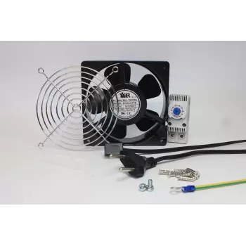 IT-BUDGET komplett készlet IT-szekrényventilátor termosztáttal - 160 m³/h légáram - 230 V - 1 ventilátor, védőrács, kábel, termosztát, csavarok (90ITBLUESET1T)