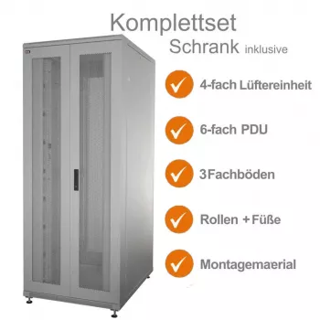 IT-BUDGET 19 inch szerver szekrény SRK komplett szett - 42U - 800x1000 mm - perforált dupla ajtók elöl + hátul - 4 aktív ventilátor - PDU - polcok - szerelt - világosszürke 99ITB19SRK42810DTGM