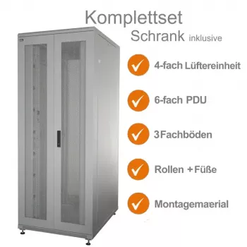 IT-BUDGET 19 inch szerver szekrény SRK komplett szett - 42U - 800x1000 mm - perforált dupla ajtók elöl + hátul - 4 aktív ventilátor - PDU - polcok - szerelt - világosszürke 99ITB19SRK42810DTGM
