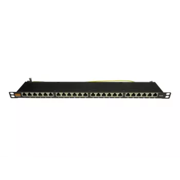 IT-BUDGET 19 inch szuperlapos patch panel, 0,5U, teljesen árnyékolt, Cat.6A, 24 port, PoE++, fekete (90ITBPP6A05S)