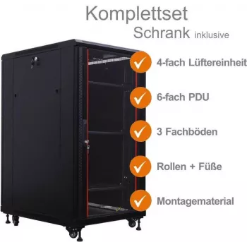 IT-BUDGET 19 inch hálózati szekrény SRK komplett készlet 22U 600x800 mm üveg-/acélajtó 4 ventilátor PDU polcok Flatpack fekete 90ITB19SRK2268GS
