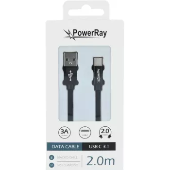 PowerRay adatkábel PR-DCUC200TBK, USB-A – USB-C, 2,0 m, textil fekete, buborékcsomagolás