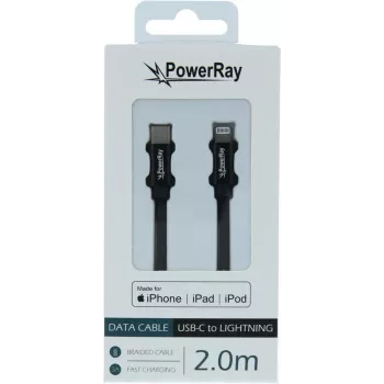 PowerRay USB-C – Lightning MFi fonott kábel 2m fekete PR-DCCL200TBK