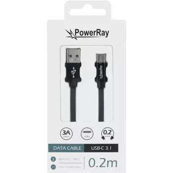 PowerRay PR-DCUC020TBK USB-A – USB-C adat- és töltőkábel, 0,2 m, textil fekete, buborékcsomagolás