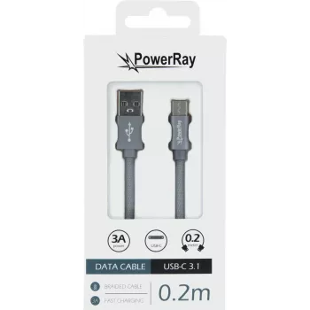 PowerRay PR-DCUC020TGY adatkábel, USB-A – USB-C, 0,2 m, textilszürke, buborékcsomagolás